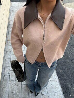 Khaki Casual Women's Patchwork Collar Short Dual Zipper Front Knit Cardigan